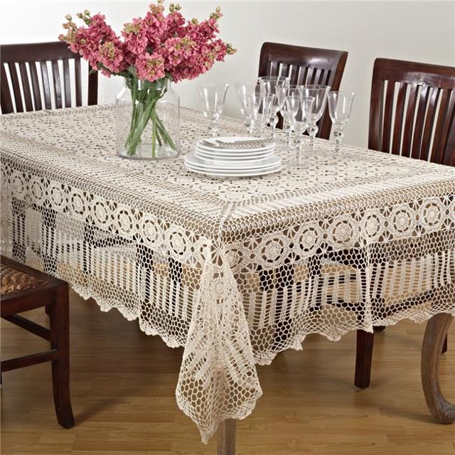 Saro Lifestyle 869.E72108B 65 in. Rectangle Handmade Crochet Cotton Lace Table Linens - Ecru