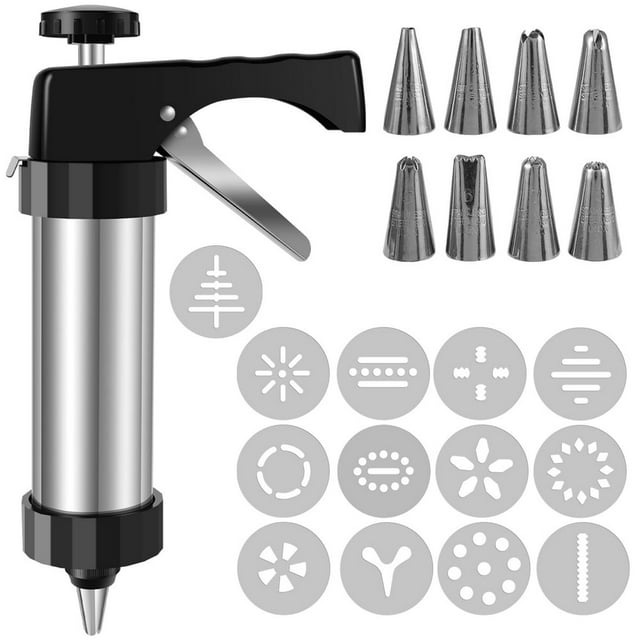 Cookie Press Tool with 13 Discs 8 Icing Tips Reusable Stainless Steel Dessert Decorator Kit Detachable Cookie Decoration Press Cookie Maker Press DIY Cake Decorating Tool Set for Kitchen