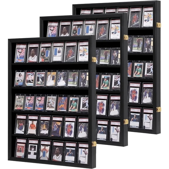 Baseball Card Display Case 3Pack - 35 Graded Sports Card Display Frame - Holds Sport Cards with UV Protection Clear View Lockable Wall Cabinet for Football Basketball Trading Card Vertical