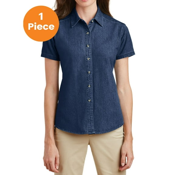 Port & Company LSP11 Ladies Short Sleeve Value Denim Shirt, Ink Blue*, 4XL, Womens Button Down Shirts