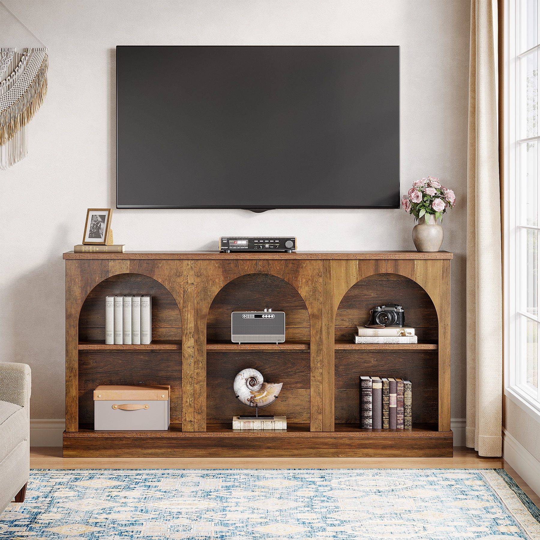 Tribesigns Farmhouse TV Stand for 55/60/65 Inch TVs, Entertainment Center with Storage Cabinets, Rustic Brown