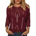 thumbnail image 4 of Crochet Coverups for Women Loose Fit Hollow Out Off the Shoulder Top Summer Beach Travel 3/4 Sleeve Swim Cover Up Wine XL, 4 of 7