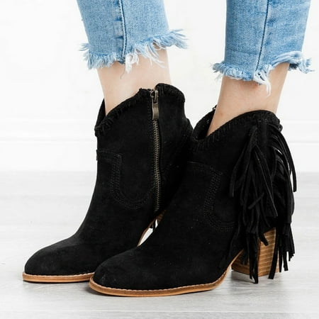 

QISIWOLE Women s Rome Solid Large Size Zipper Fringe Med Heels Short Boots Shoes clearance under 10
