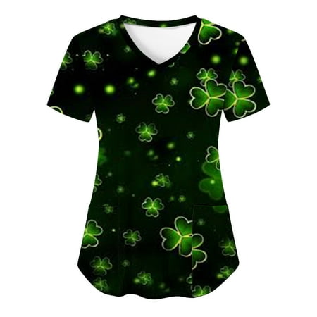 

St. Patrick s Day Scrub Tops for Women Short Sleeve V Neck Shamrock Graphics Nurse Uniform Shirts with Pocket