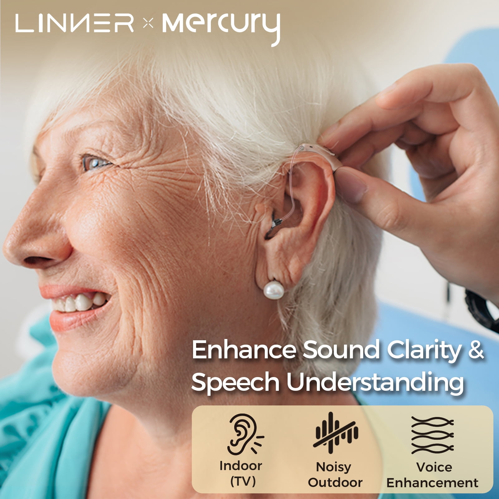 LINNER Mercury Hearing Aids Otc Rechargeable with Noise Cancellation, Bte Ric Style, 1 Pair, Beige