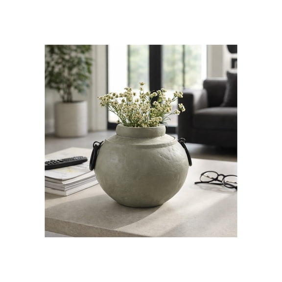 Round Ecomix Vase for Living Room and Home Decor - Metal Ring Handles and Textured Finish Flower Vase for House Display  - Modern Accent for Room, Bedroom, Office and Table - 10", Green & Black