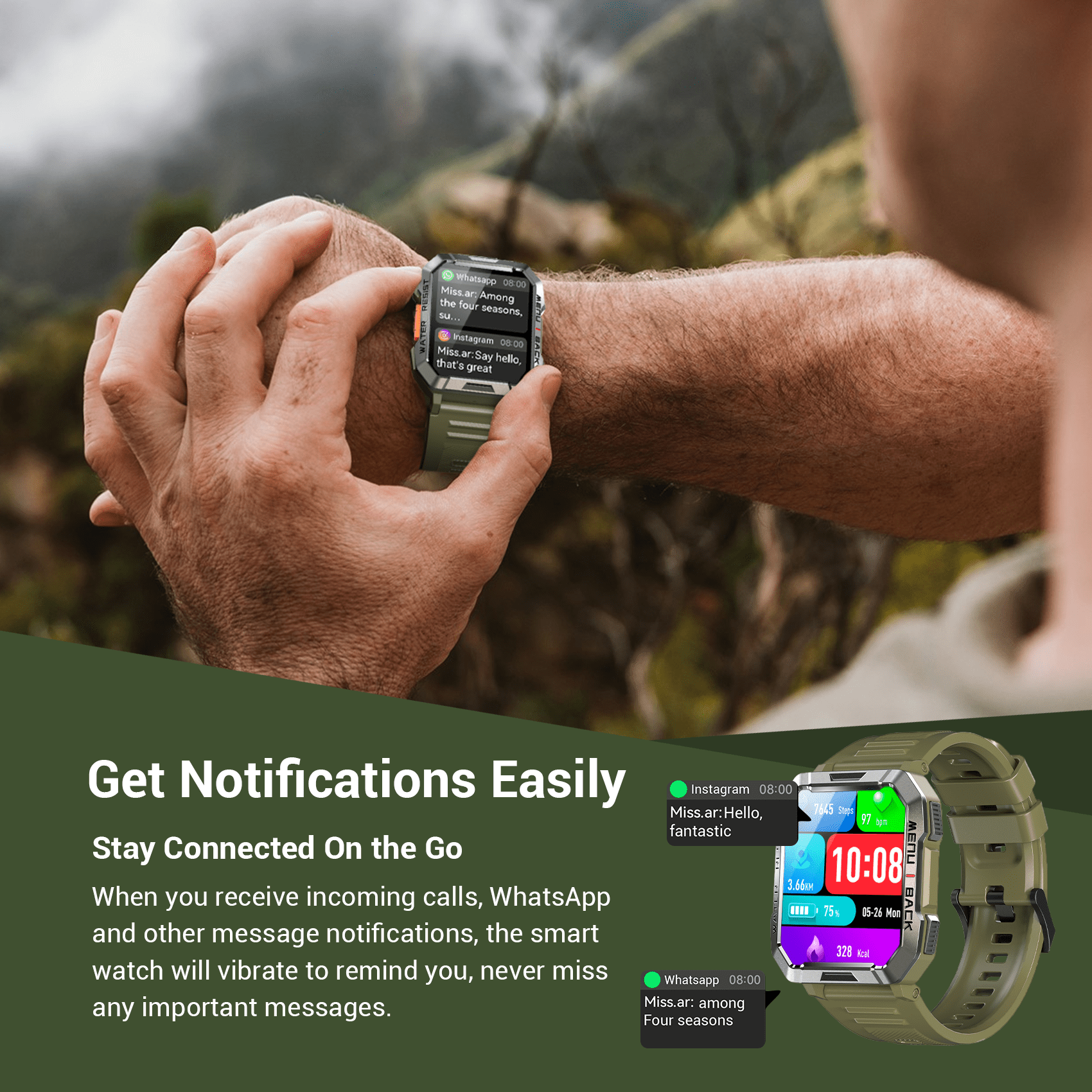 Blackview 1.45" Military Smart Watch for Men,100+ Sport Modes/Call Receive/Dial/Flashlight/ Waterproof,Smartwatch fits for iPhone Android,Green