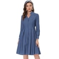 thumbnail image 1 of Vestido camisero plisado con botones y manga farol con cuello en V y cuello alto para mujer Azul S, 1 of 5