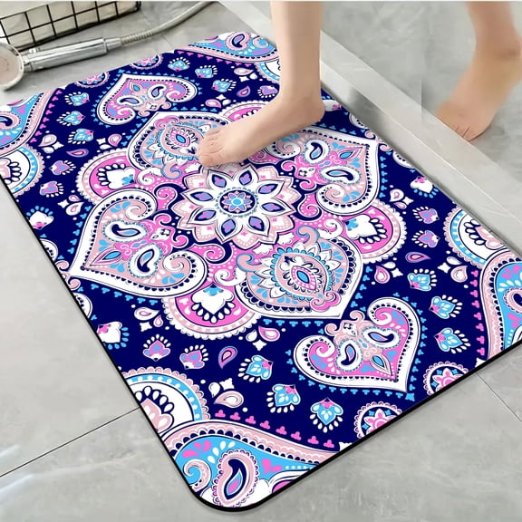 1pc Pink and Blue Paisley Design Bathroom Rug Bathroom Decor and Accessories- Durable,Anti Slip,And Quick Drying,Suitable For Indoor/outdoor Use - Perfect For Bathrooms,Bedrooms,Kitchens