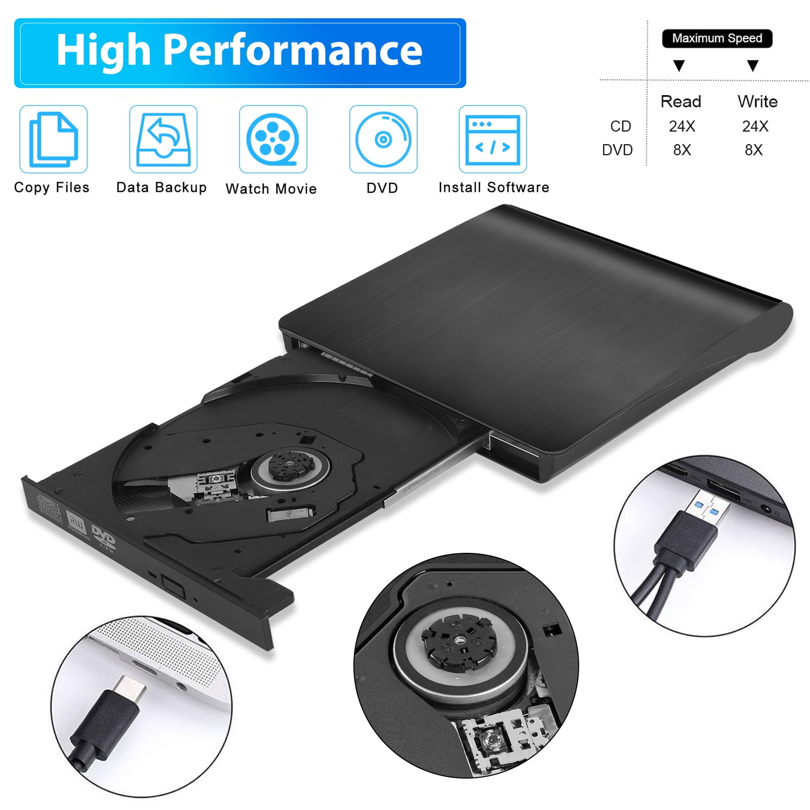 USB3.0 External CD DVD Drive for Laptop, EEEkit Portable CD DVD Optical  Disk Drive, Slim Type-C CD/DVD +/-RW ROM Reader Writer Burner Player 
