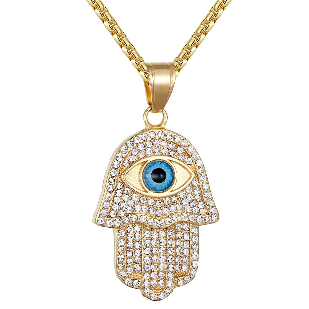 Master Of Bling Steel Gold Finish Hamsa Hand Evil Eye Icy lab