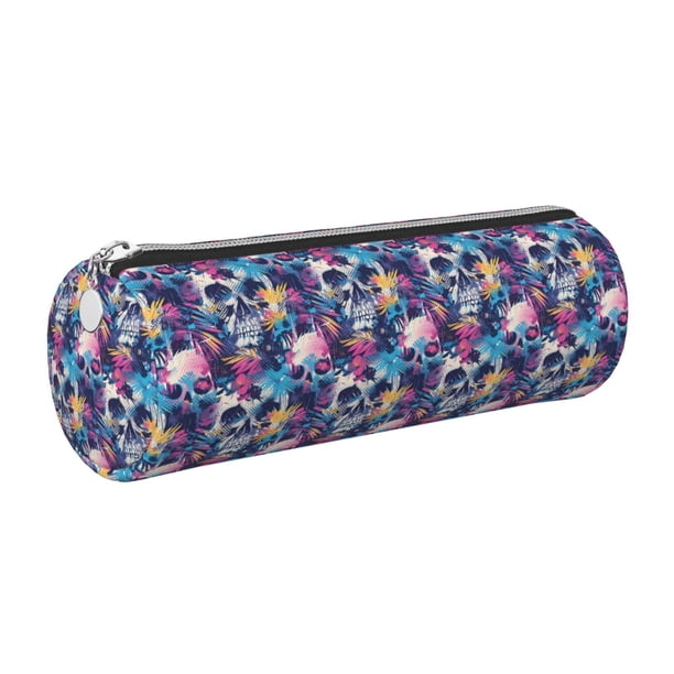 Easygdp cool Skull colorful para Estuche de Lápices Cilíndrico de Cuero con Cremallera, Organizador de Lápices de Cuero para Escuela, Oficina y Viajes