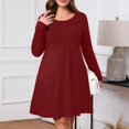 thumbnail image 4 of Women's Plus Size Solid Color Casual Spring Autumn Dress - Round Neck Long Sleeve with Pockets - Wine Red XXXL, 4 of 4