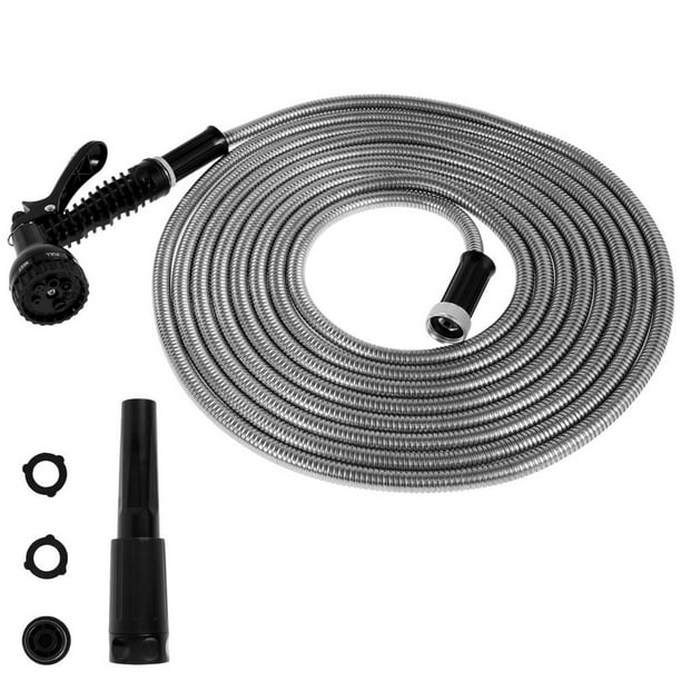 MesaSe Metal Garden Hose 25ft Heavy Duty Stainless Steel Water Hose with 10  Function Sprayer Nozzle 