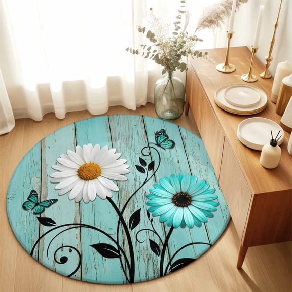 Round Rugs 6Ft, Turquoise Daisy Farmhouse Round Area Rug Washable Indoor Throw Carpet, Country Teal Floral Soft Non Slip Circle Rug for Office Cabinet Home Decor Aesthetic