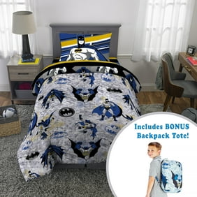 Batman Kids Twin Bed in a Bag, Comforter Sheet Set and Bonus Tote, Gray and Black, DC Comics