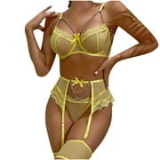 YYDGH Women’s Sexy Eyelash Fishnet Lingerie Set Chain Babydoll Underwire Bra and Panty Sets with Garter Belt 4 Pieces Yellow M