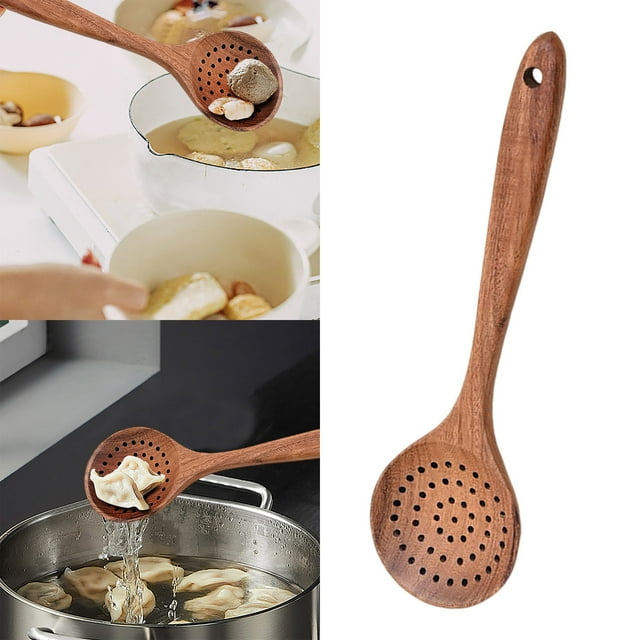 Cooking Utensils Teak Slotted Spoon for Straining and Draining with Long Handle Natural Wood Colander Spoon Teeth for Egg Meat and Kitchen Prep