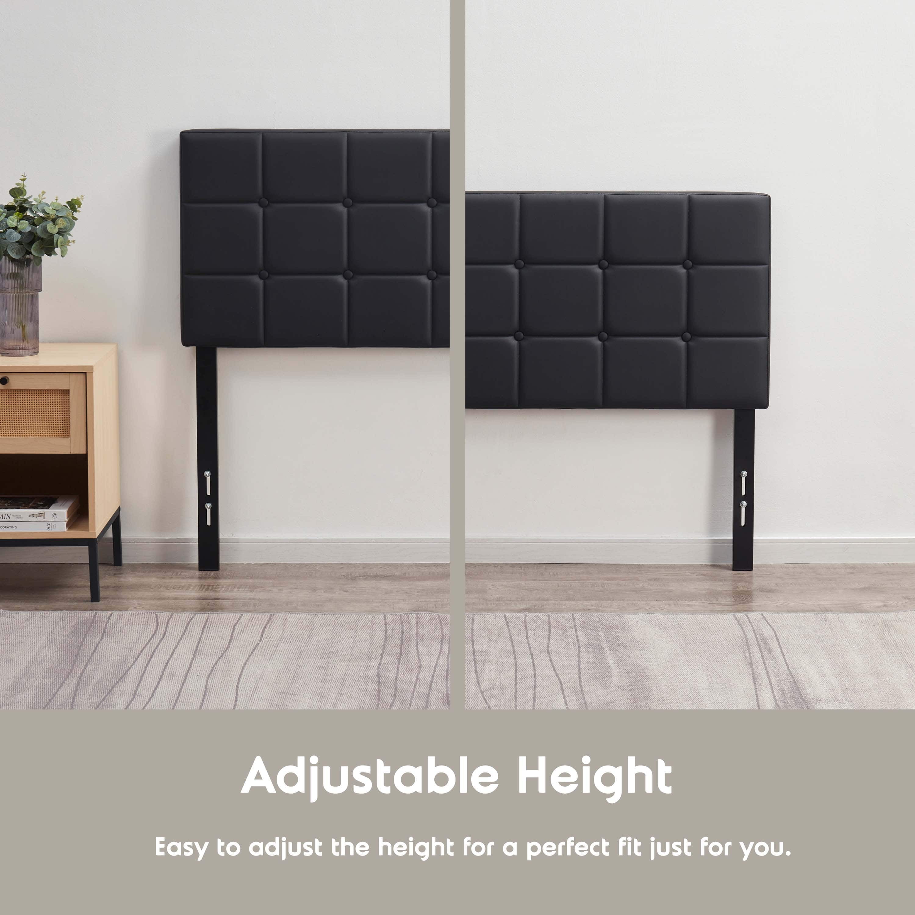 LammaLoe Faux Leather Button Square Tufted Full Headboard with Adjustable Height, Black, Full