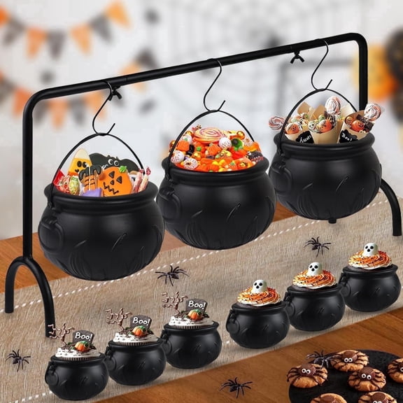 IZEYNO Halloween Party Decorations, 9 Pcs Large and Mini Black Plastic Hanging Witches Cauldron Candy Serving Bowls for Party Supplies