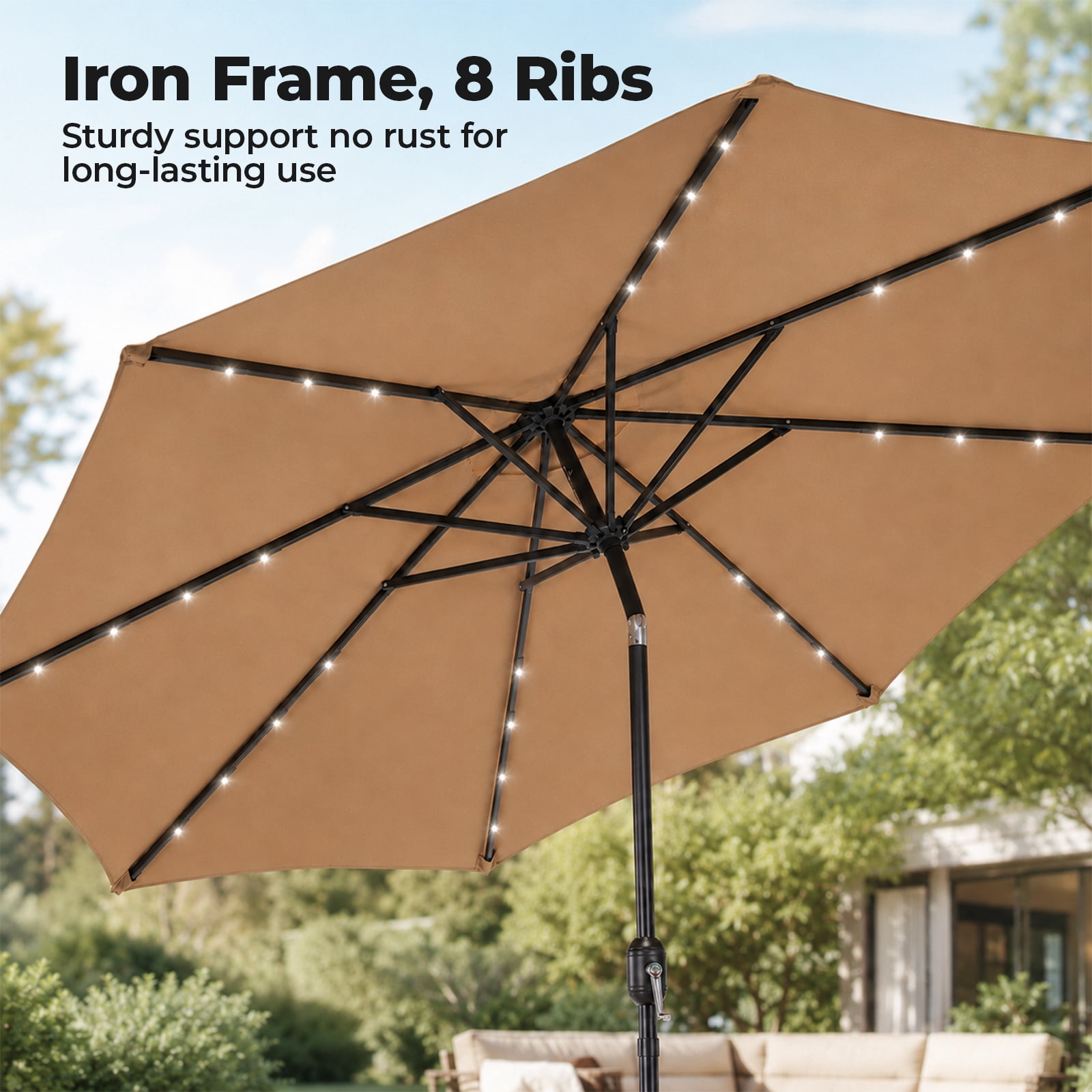 Alvantor 10ft Solar LED Lighted Patio Umbrella, Table Umbrella with 32 Lights, Push Button Tilt, UV-Resistant Canopy, for Deck, Garden, Pool, Café