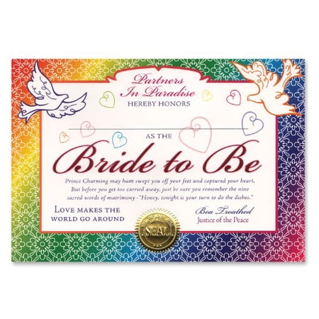 Beistle CG039 Bride To Be Personalize Certificate Bridal Greeting, Multicolor, 5" x 7"