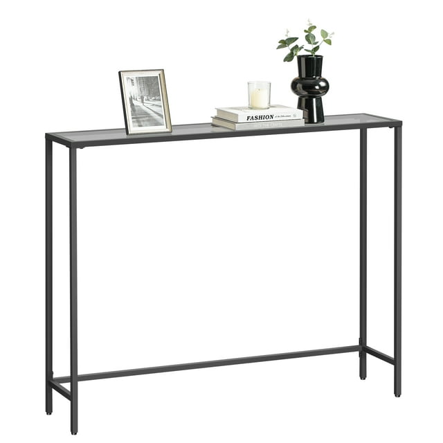 VASAGLE Entryway Table, Console Table, Tempered Glass Tabletop, Modern Sofa Table, Easy Assembly, with Adjustable Feet, for Living Room, Entryway, Ink Black and Slate Gray