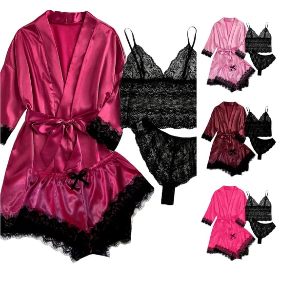 CAIVO Silk Pajamas For Women Set 4 Piece Satin Sleepwear Classic Button Down Short Sleeve Tops Pj Set Cute Loungewear Breathable Homewear