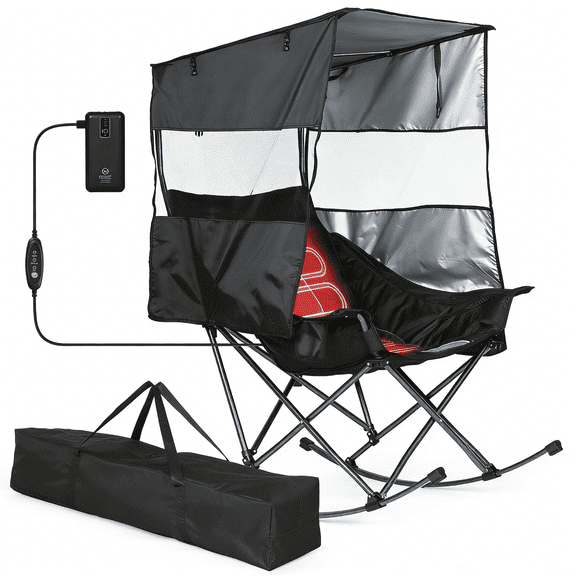 Heated Folding Rocking Camping Chair XL with Canopy & Built-in Battery, Outdoor Rocker with Cooler Bag & Cup Holder (1 Pack)