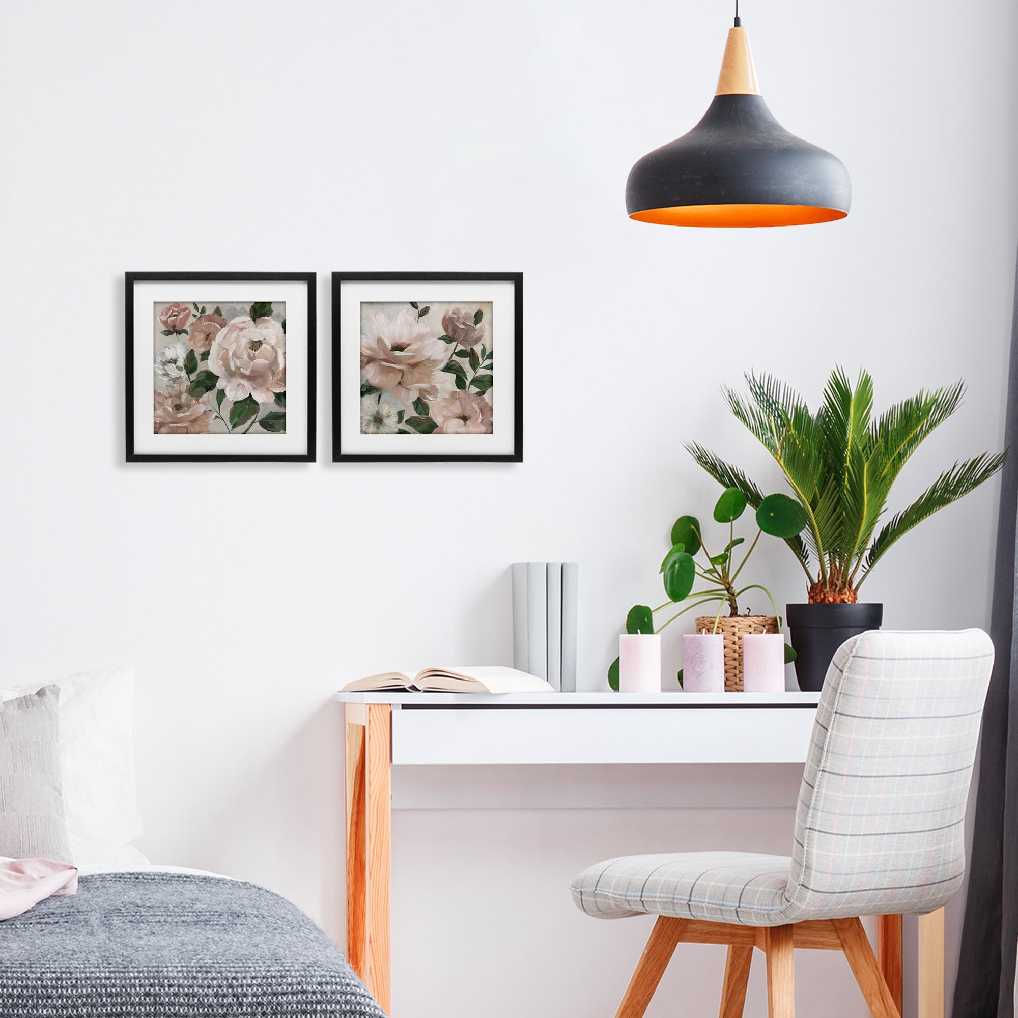 Stupell Industries Elegant Blush Peonies & Leaves 2 Piece Black Framed Print Under Glass Set, design by Nan