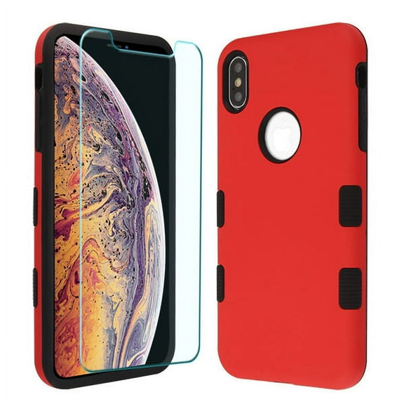 Apple iPhone XS Max (6.5") Phone Case & Screen Protector [2 in 1 Bundle Package] Tempered Glass   RED Hybrid Shockproof Bumper Rugged Slim Fit Protective Cover for Apple iPhone XS Max