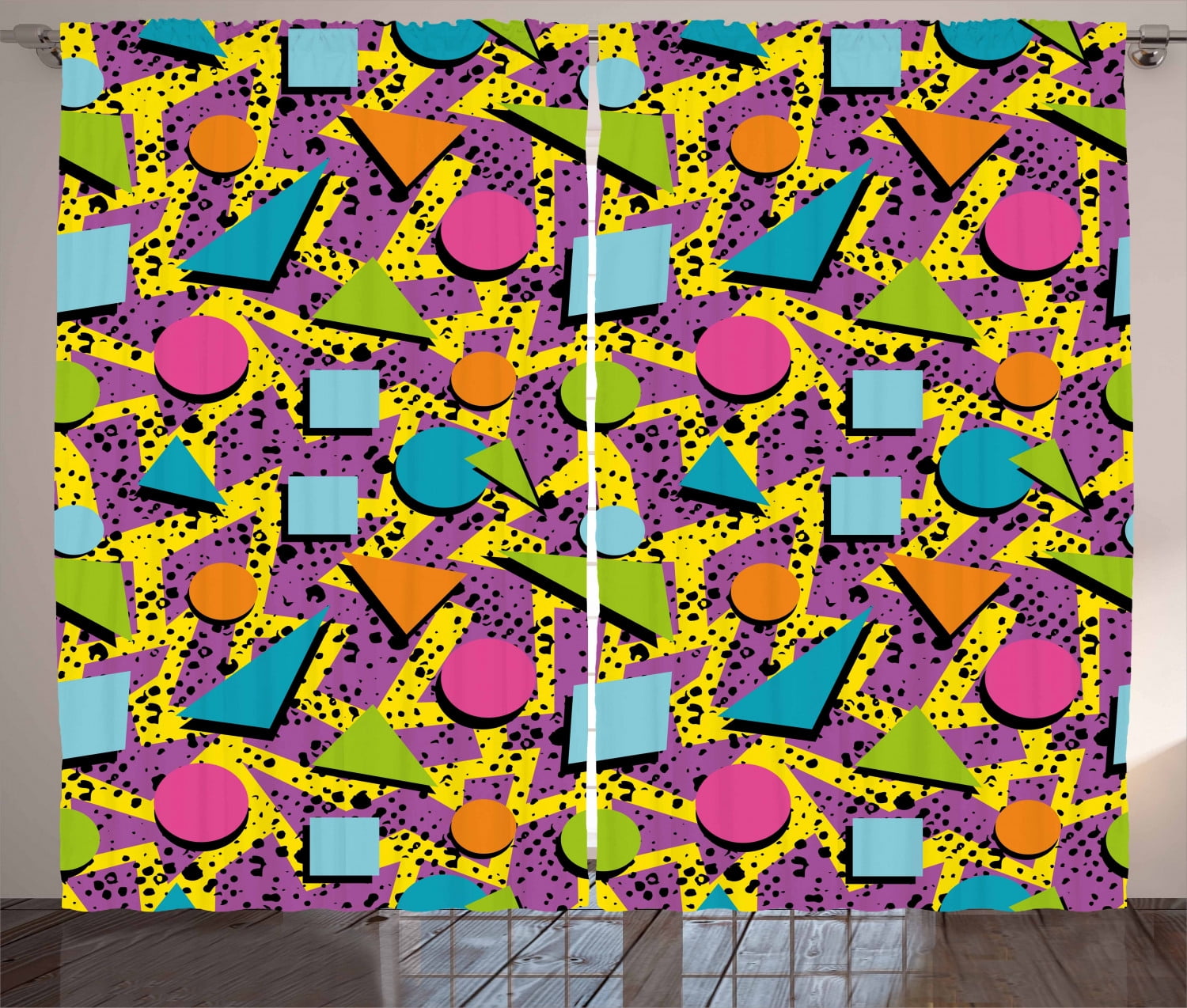 Vintage Curtains 2 Panels Set, Funky Geometric 80s Memphis Fashion