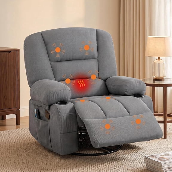 Oversized Recliner Chair, Extra Wide 360° Swivel Rocker Recliner with Massage & Heat, Nursery Glider Chair for Adults, Arm Storage, Side Pockets, 2 Cup Holders, Living Room & Bedroom,Dark gray