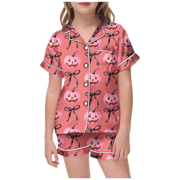 Kids Halloween Two-Piece Outfit Bowknot Pumpkin Print Lapel Button Short Sleeve Tops And Shorts Nightwear Soft Lounge Sets