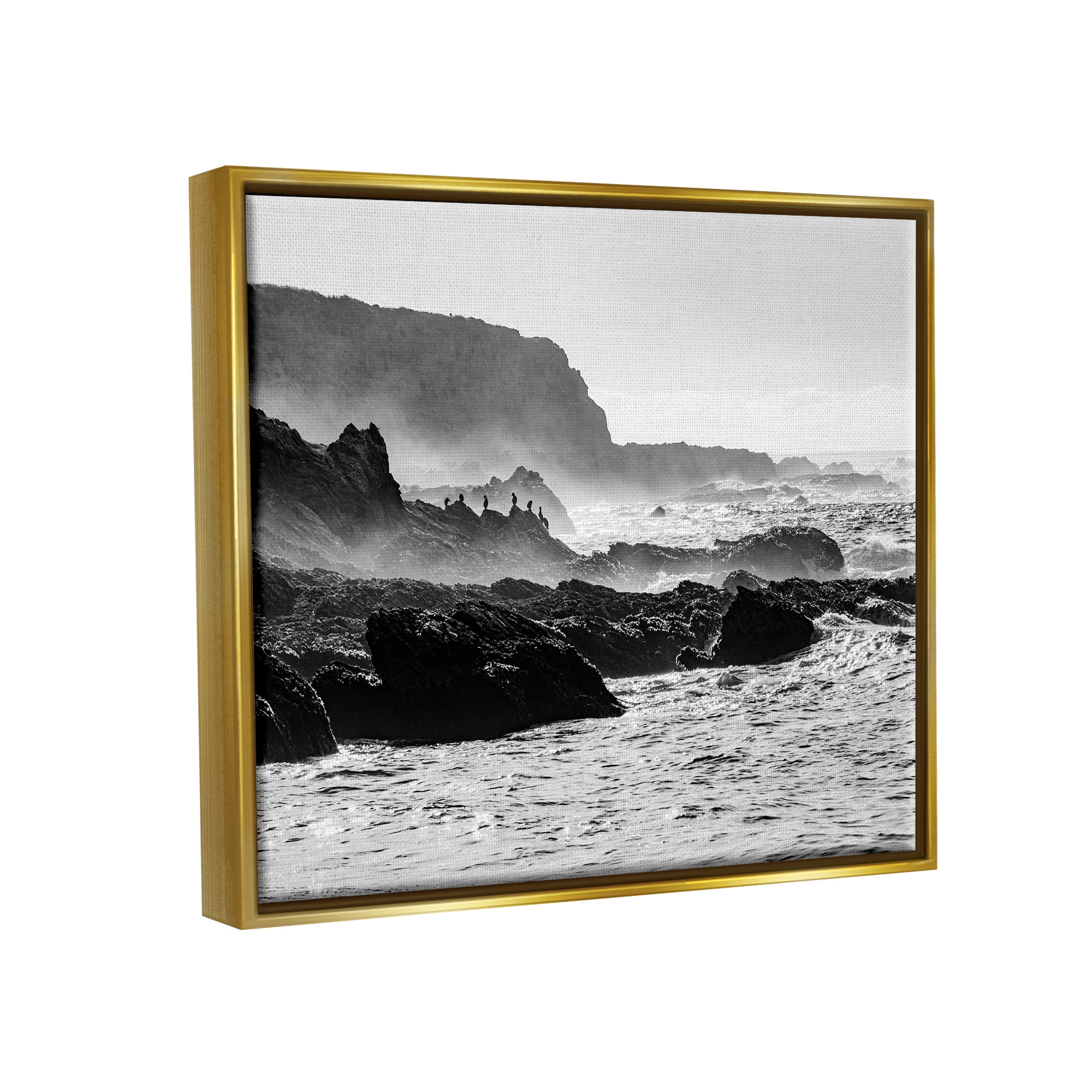 Stupell Industries Rocky Ocean Shoreline Waves Distant Birds Perched Photograph Metallic Gold Floating Framed Canvas Print Wall Art, Design by Steve Smith