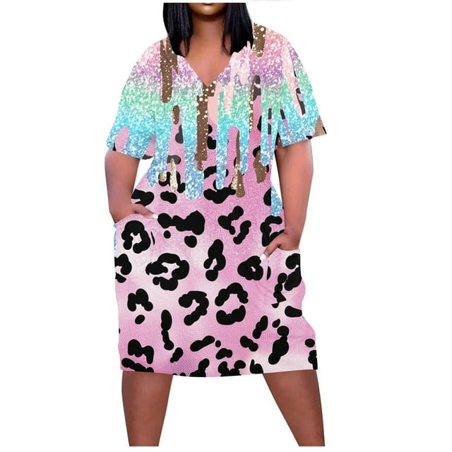 Pisexur Robes d'Été pour Femmes Mode à Imprimé Floral Robe Soleil Décontractée Ample à Col en V à Manches Courtes Robes T-Shirt Fluides Surdimensionnées Robe de Plage avec Poches Grande Taille Robe Mi-Mollet L-5TG