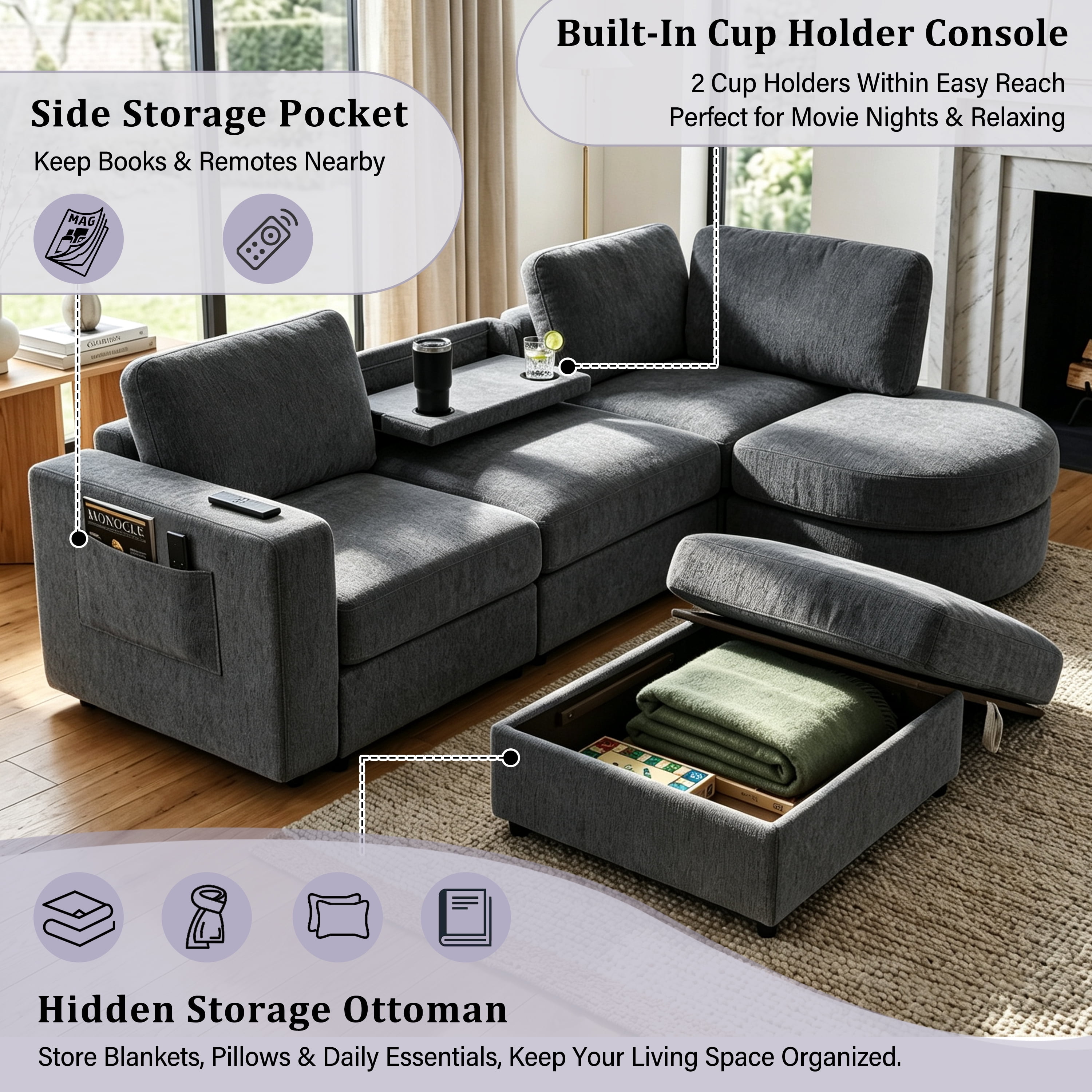 Wakefit 102.4" U-Shaped Sectional Sofa with Storage Ottoman & Curved Chaise,Modern Chenille Modular Couch with Drop-Down Console,Built-in Cup Holders & Side Pockets for Living Room,Grey