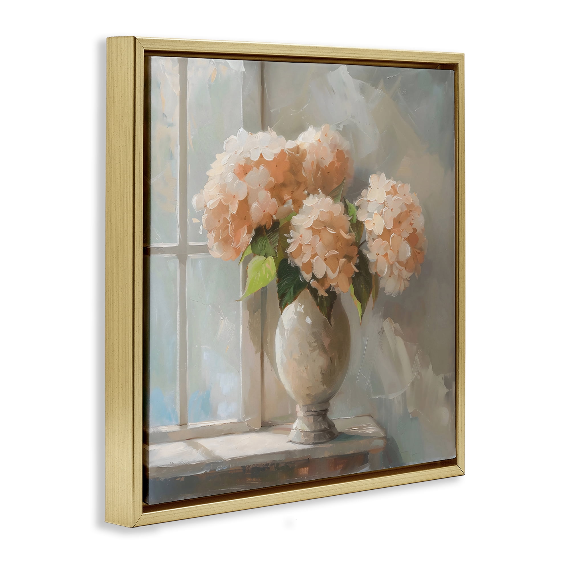 Stupell Industries Pink Hydrangea in Sunlit Vase Gold Framed Floater Canvas Wall Art, design by Creative Studio