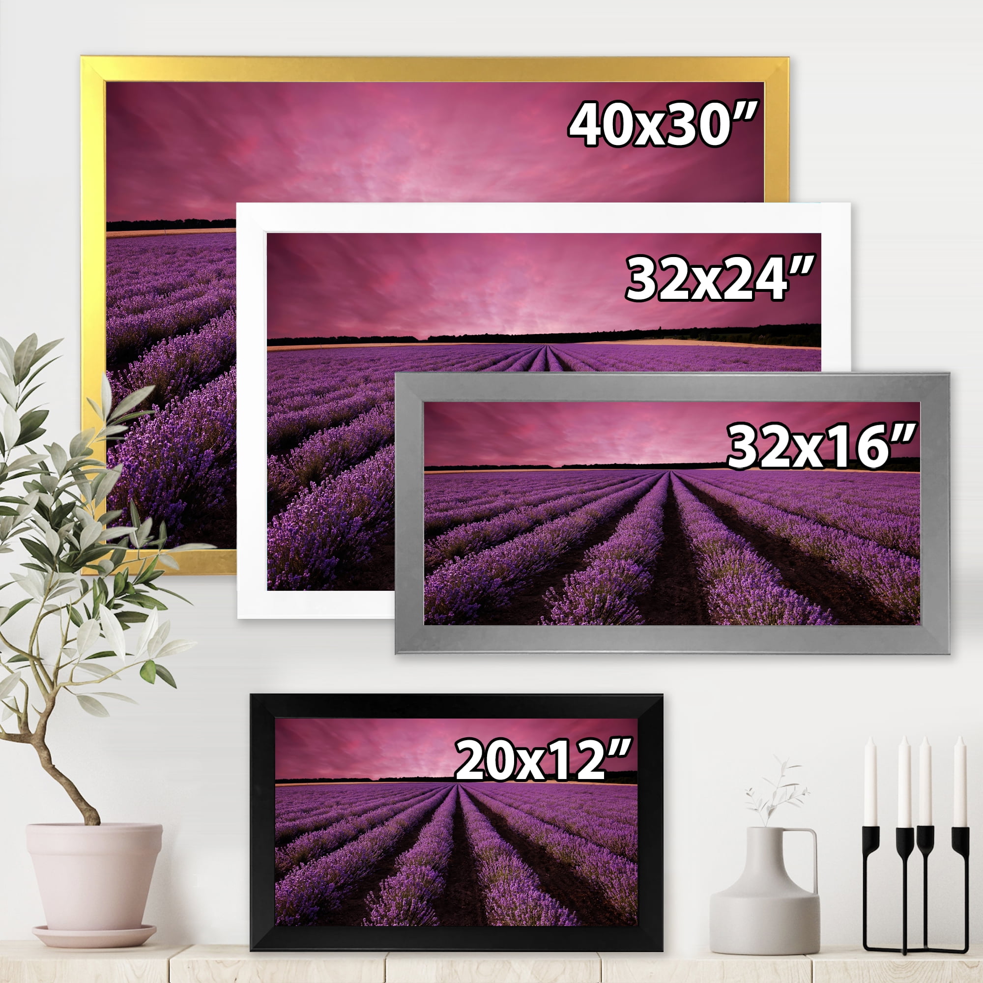 Designart 'Dramatic Clouds and Sunrise Over Lavender Field XI' Farmhouse Framed Art Print