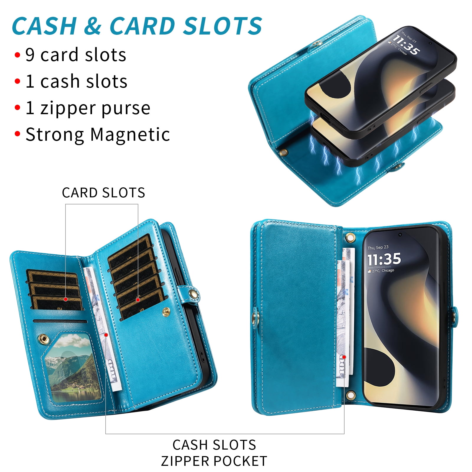 Asuwish Detachable Magnetic Zipper Wallet Phone Case with Flower Pattern and Screen Protector for Motorola Moto Edge 2024, Blue