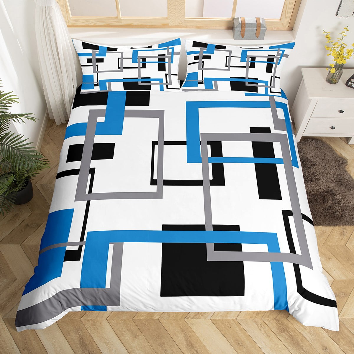 YST Blue Black White Grey Duvet Covers for Adult,Geometric Bedding Set