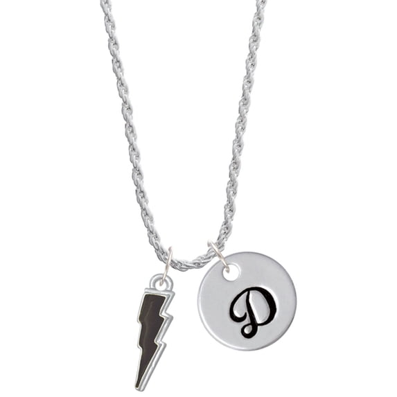 Delight Jewelry Silvertone Black Lightning Bolt Silvertone Script Initial Disc - D - Charm Necklace, 20"+3"