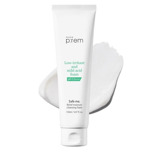 MAKE P:REM Safe Me. Espuma limpiadora humectante para alivio, lavado facial delicado y respetuoso con los ojos, limpieza profunda de poros con pH equilibrado, cuidado de la piel coreano, 150ml, 5,07 F