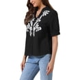thumbnail image 4 of INSPIRE CHIC Summer Tops for Women Cotton Floral V Neck Short Sleeve Shirt Embroidered Blouses Tunic M Black, 4 of 6