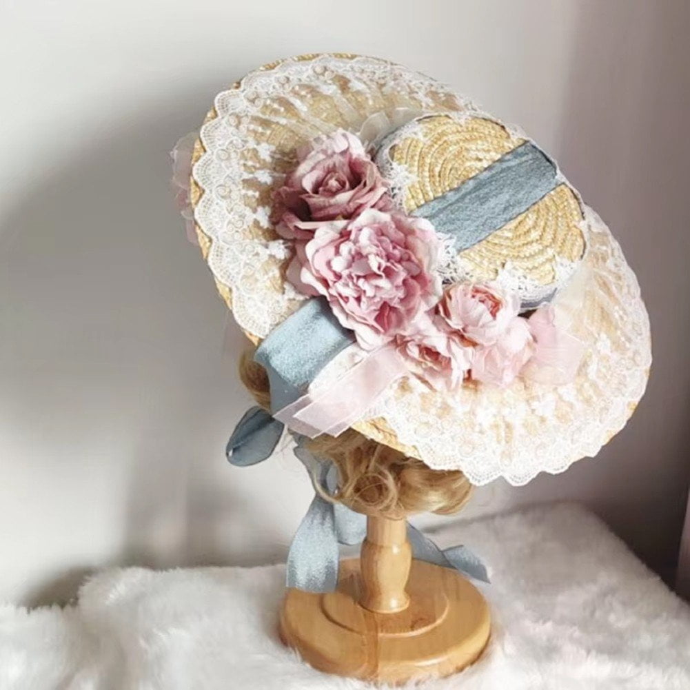 Sweet Tea Party Bonnet Lolita Flower Ribbon Sunshade Straw Hat Lace Sun Hat Vintage Flowers Flat Hat Pastoral Style Straw Hats
