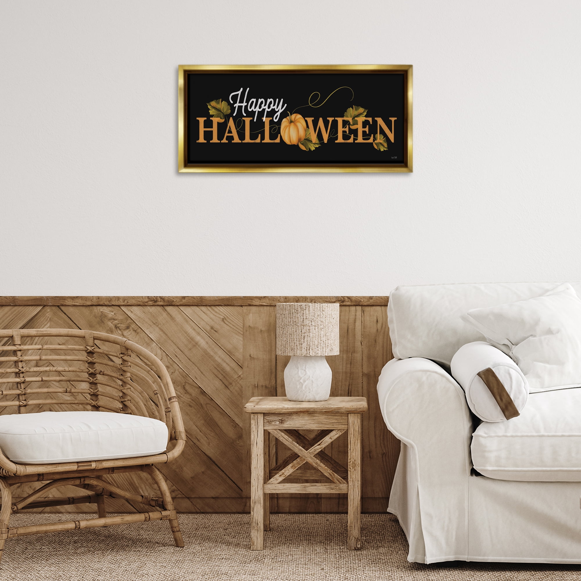 Stupell Industries Happy Halloween on Black Holiday Painting Gold Floater Framed Art Print Wall Art, 25 x 11