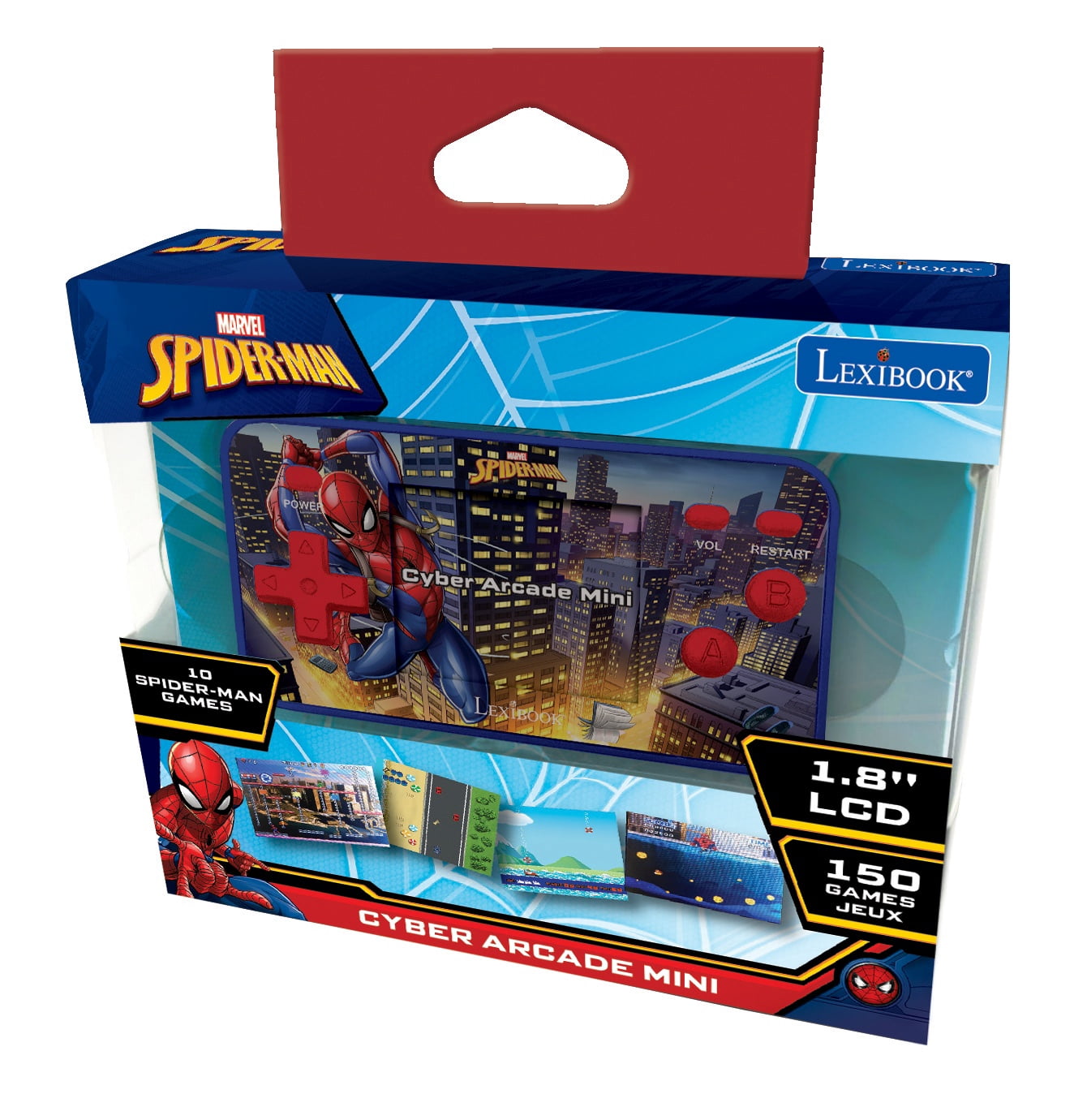 Lexibook Spider-Man, Cyber Arcade Pocket Game Console, 150 Games, LCD Screen, Battery Operated, Red/blue
