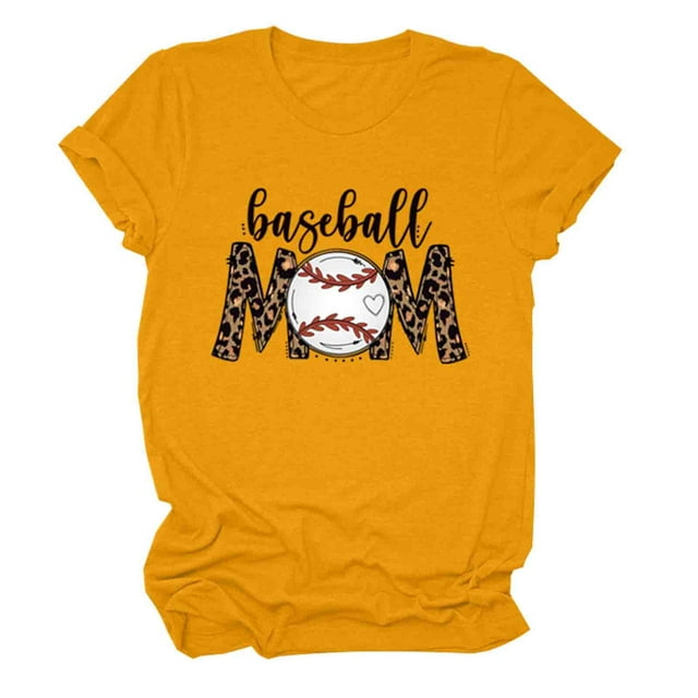 T-shirt Décontracté pour Femmes à Manches Courtes Uni avec Imprimé de Baseball, Col Rond, Hauts Imprimés
