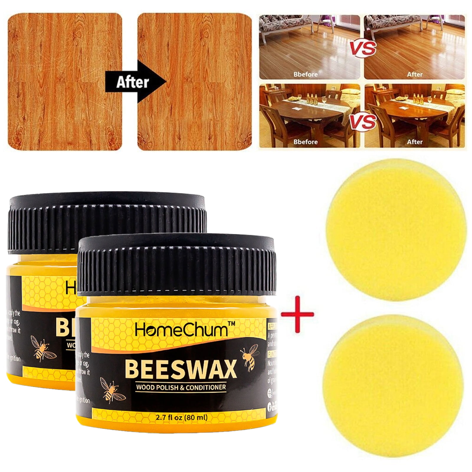 Wood Seasoning Beewax 2 Pack,Natural Traditional Beeswax Polish Wood Furniture Cleaner for Wood Doors, Tables, Chairs, Cabinets and Floors for