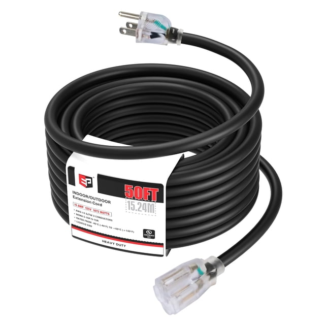Cable de extensión EP 15 A 125 V, 50 pies, calibre 14, 3 puntas, SJTW, negro